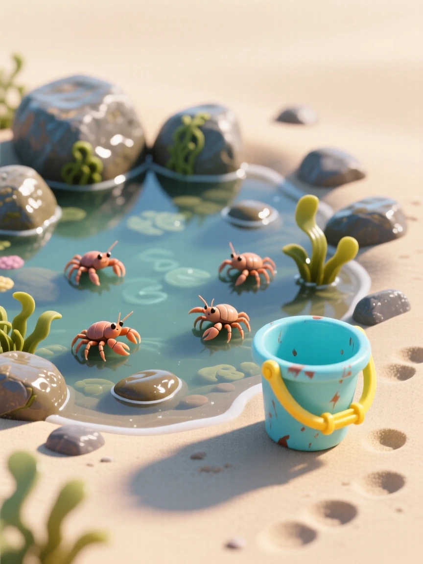 A coastal tide pool teeming with life at low tide, hermit crabs scuttling between rocks, and a small child's bucket left beside a pool.