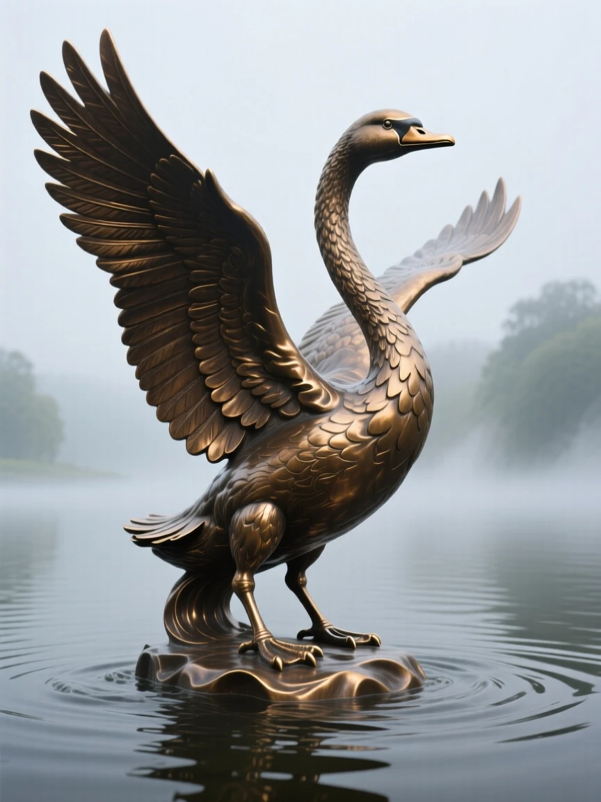 A majestic swan spreading its wings on a misty lake, captured mid-motion with powerful grace, evoking wonder and majesty