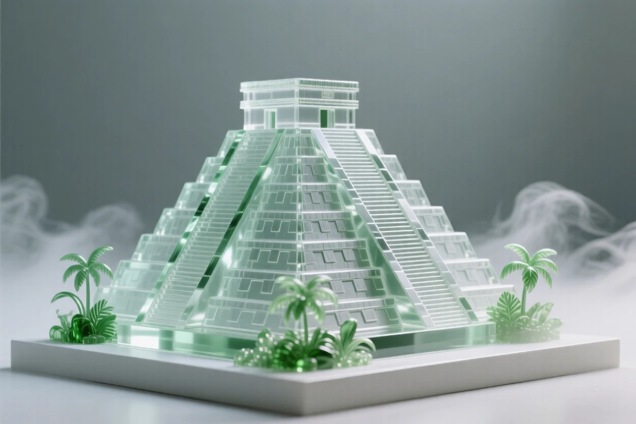 The Chichen Itza pyramid under a starry sky surrounded by lush greenery and soft morning mist, wide establishing composition, feeling serene and majestic.