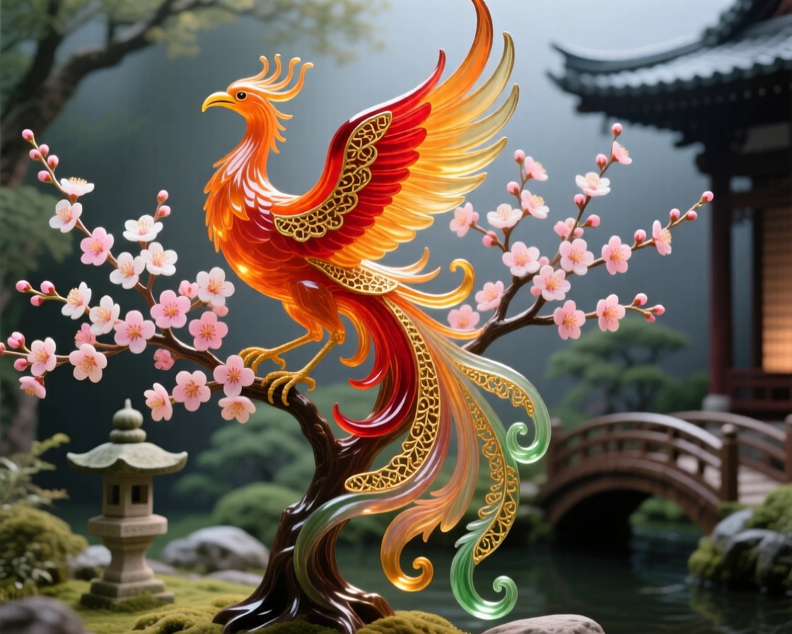 A phoenix rising above a blooming cherry tree in an ancient Japanese garden, transformative and delicate.