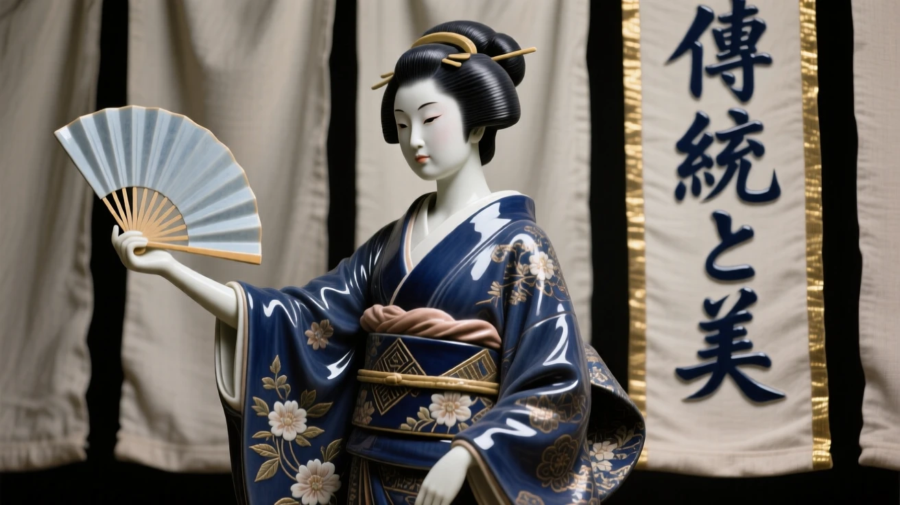 A geisha holding an open fan posed regally beneath draping banners, draped in richly embroidered ceremonial cloth, capturing the weight of history in a single gaze.