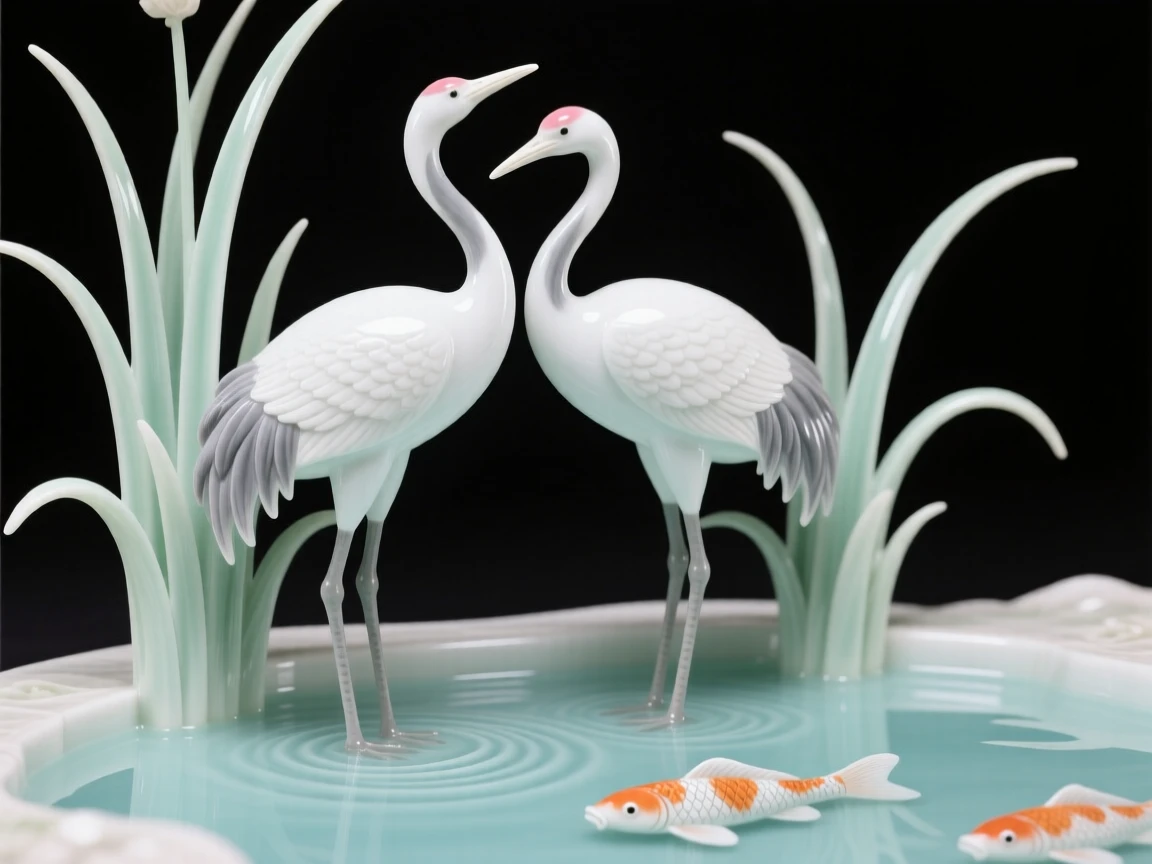 A pair of cranes resting side by side in tall grass beside an ornamental koi pool.