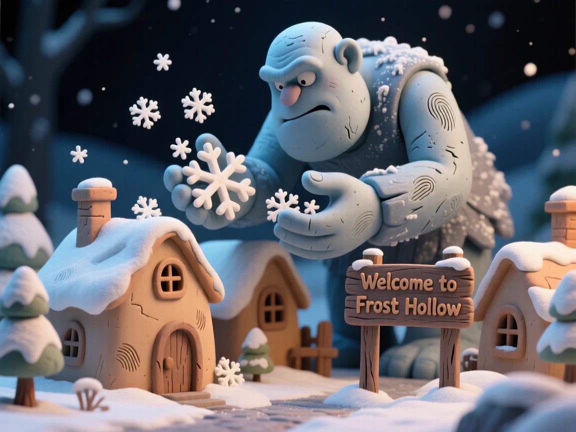 A frost giant carefully placing snowflakes onto a sleeping village
