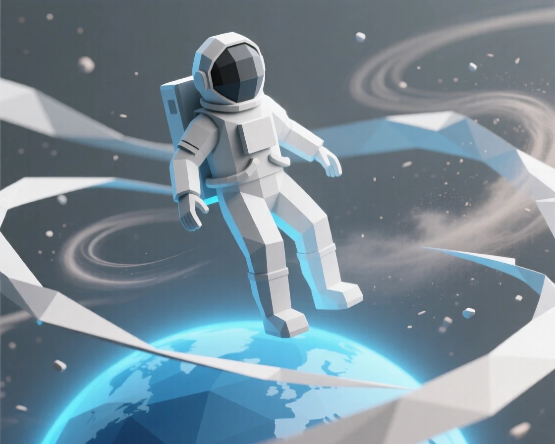 A lone astronaut floating above a glowing blue planet, surrounded by swirling cosmic dust. rich color gradients enhance the dreamlike atmosphere. The scene radiates a calm, meditative stillness.