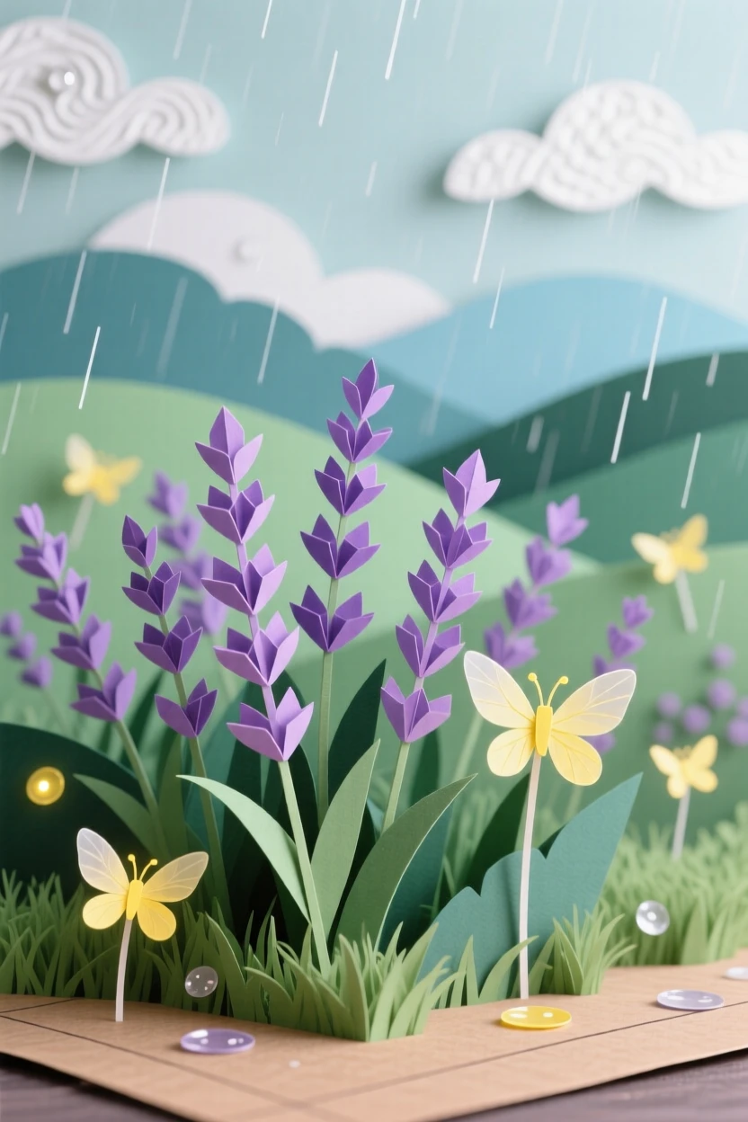 A glowing lavender field beneath rolling hills just after a passing rain shower, with fireflies glowing softly in the grass, evoking peaceful solitude and timeless beauty.
