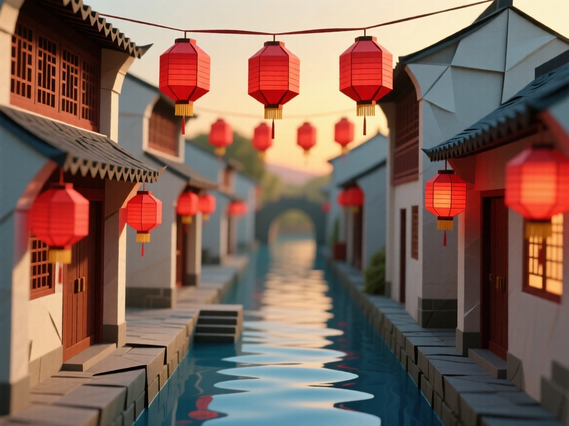 A traditional red lantern-lined street in an old Chinese water town at dusk.