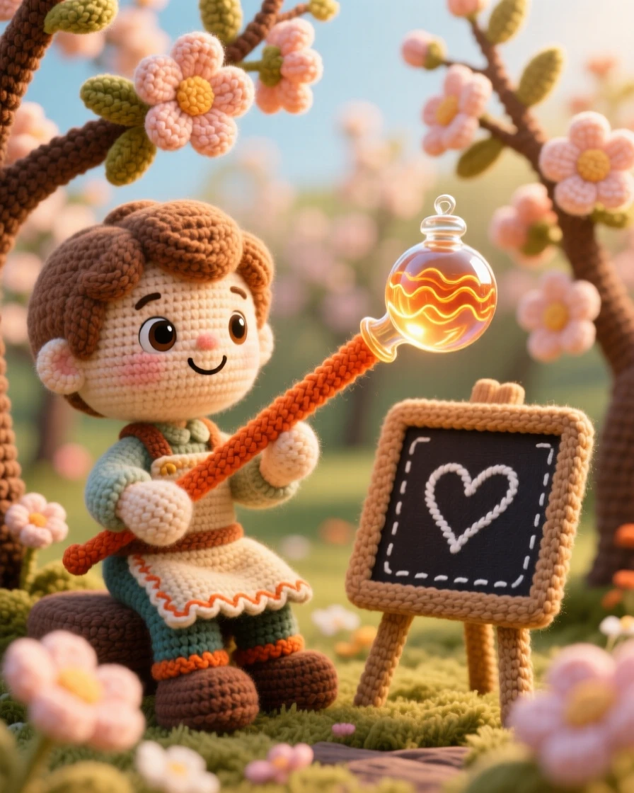 A charming scene of a young glassblower apprentice with a long blowpipe and focused eyes, shaping a glowing glass ornament inside a blooming orchard on a warm afternoon; a small chalkboard sign with a hand-drawn heart adds to the moment, full of a nostalgic, storybook warmth.