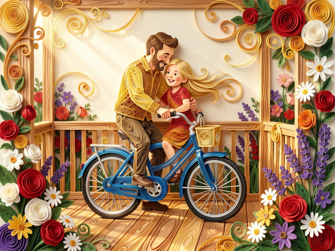 a father teaching his daughter to ride a bicycle, on a warm sunlit porch surrounded by blooming flowers, composed with the subjects gently embracing at the center, with gentle sunlight highlighting joyful smiles.