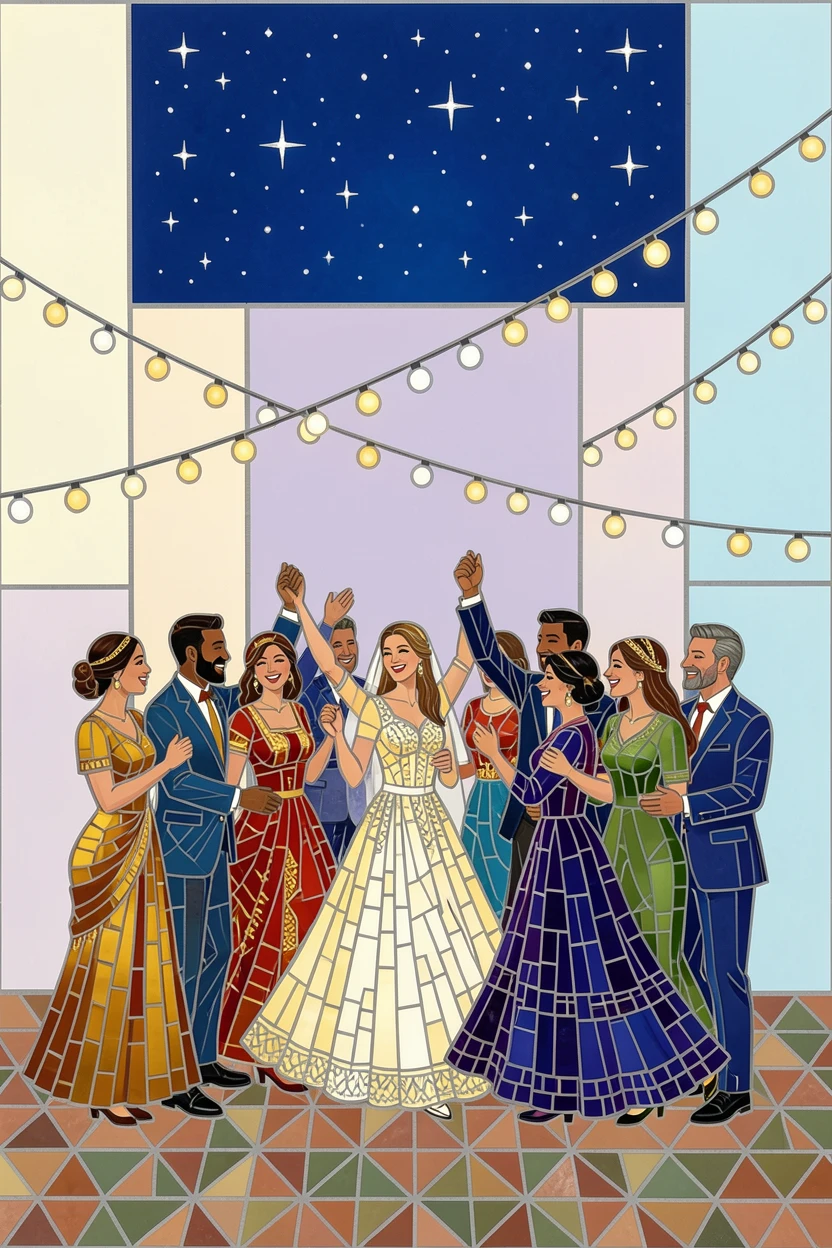 A joyful wedding celebration with guests dancing under string lights.