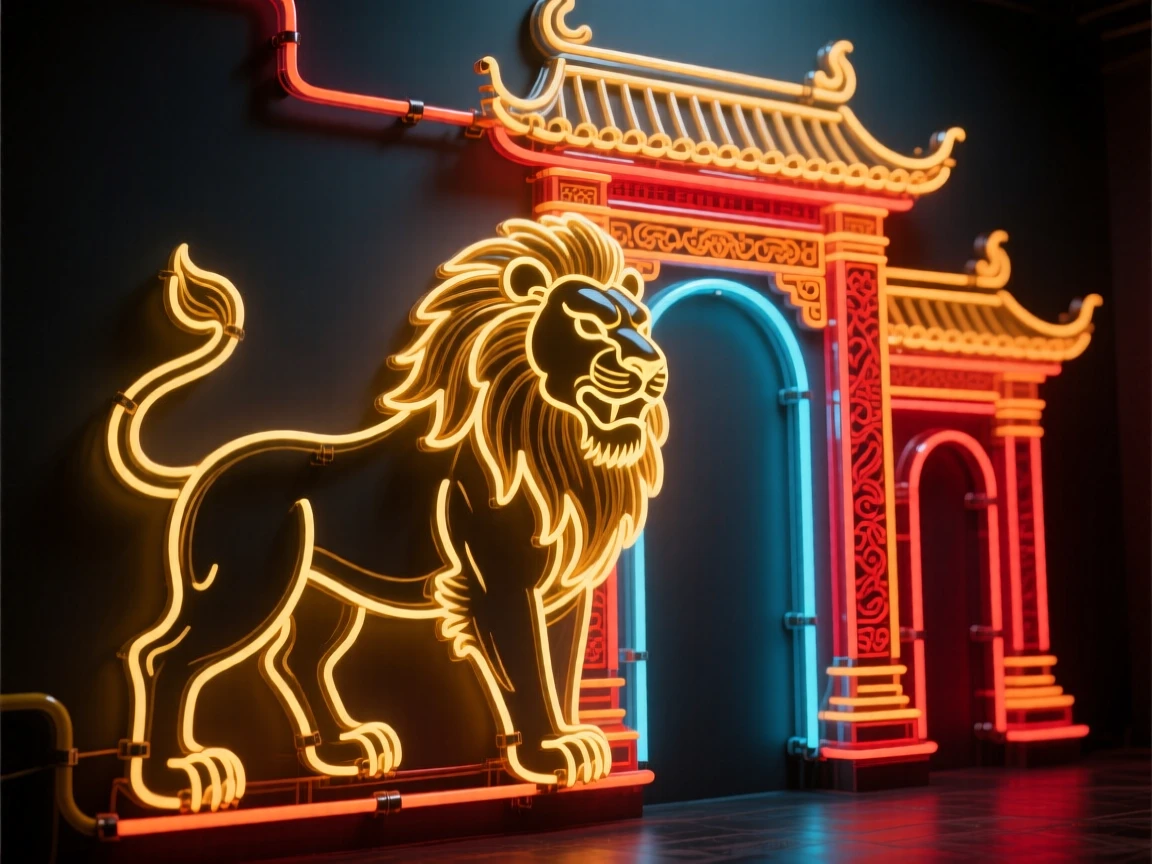 A guardian lion statue coming to life at the gates of a temple.
