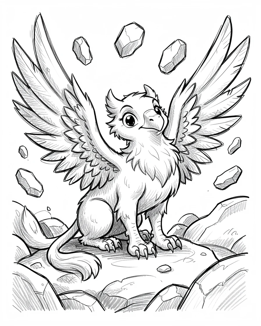 A gentle griffin with feathered wings in a valley of floating stones.