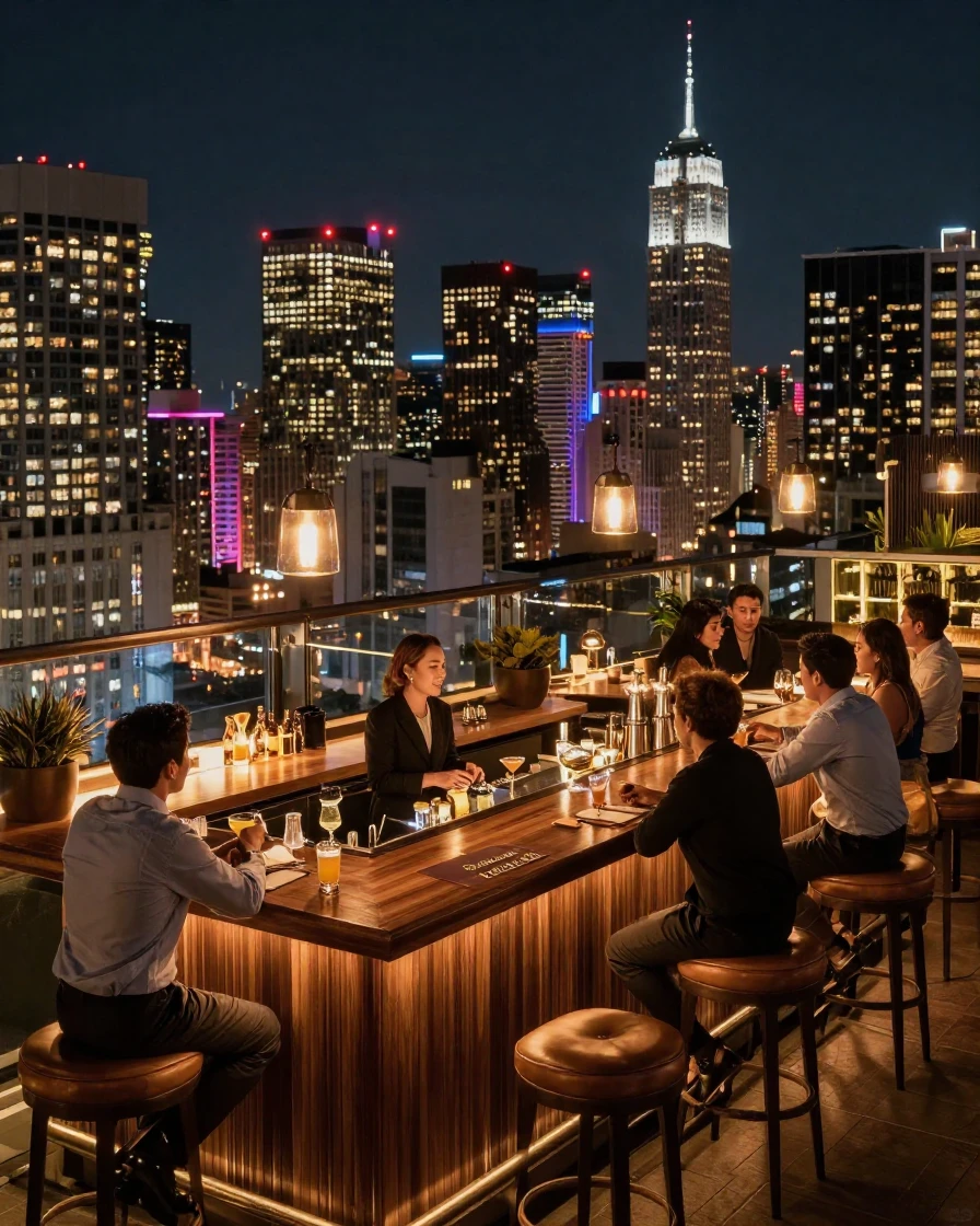 A rooftop bar overlooking a glittering city at night