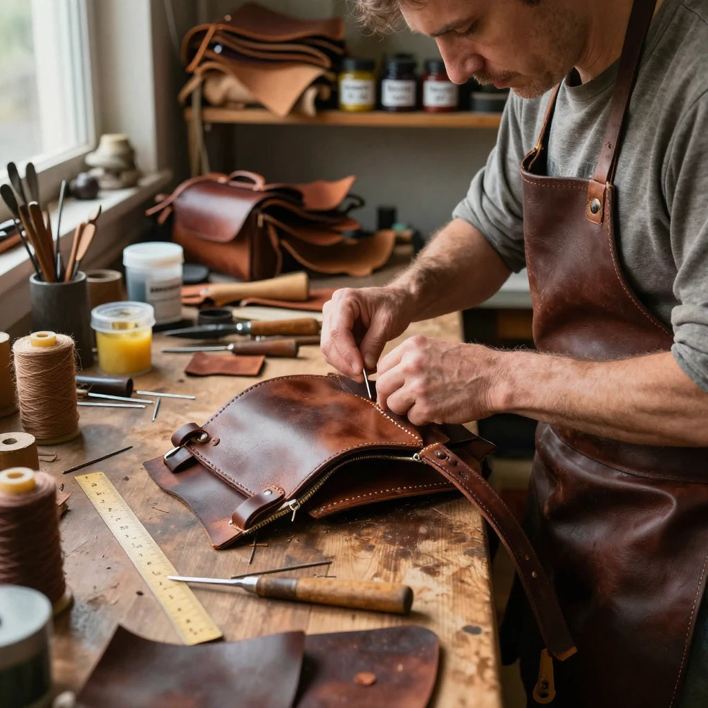 A leatherworker hand-stitches the strap of a satchel at a cluttered workbench.