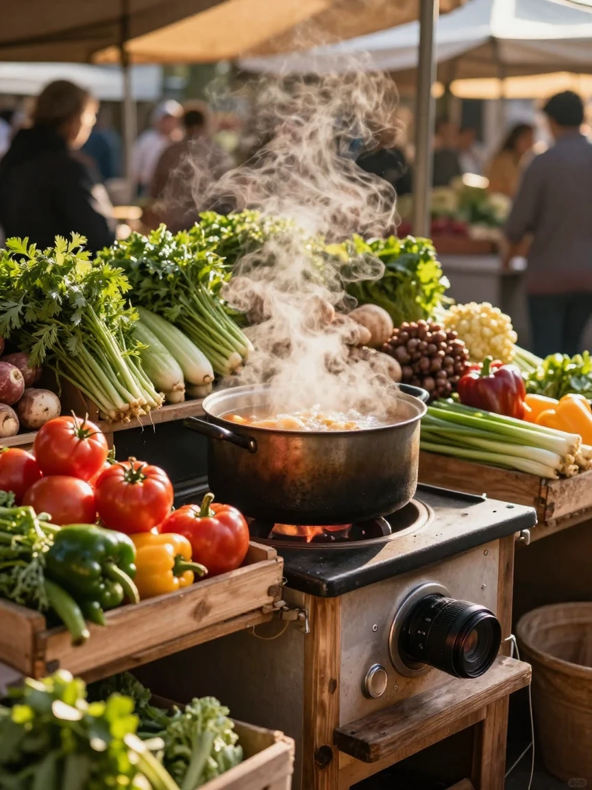 A steaming pot of homemade soup on a wooden stove, ready to be shared, on a market stall piled high with produce