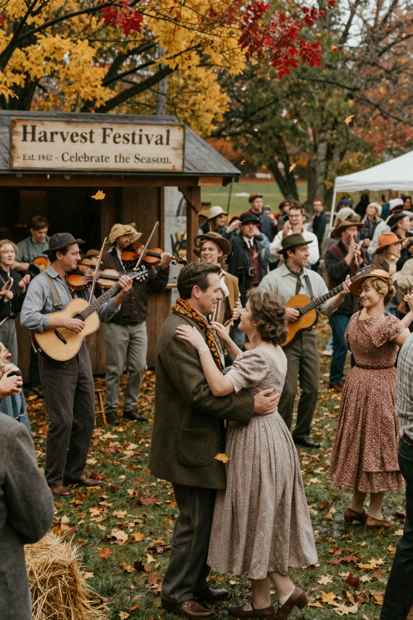 A crowd celebrating a harvest festival with music and dancing, in gentle diffused daylight, under a light drizzle, as autumn leaves turn gold and red, with muted olive and rust colors, at eye level, intimate and direct.