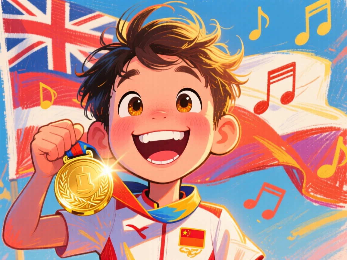 A young athlete receiving a gold medal, national anthem playing in the background.