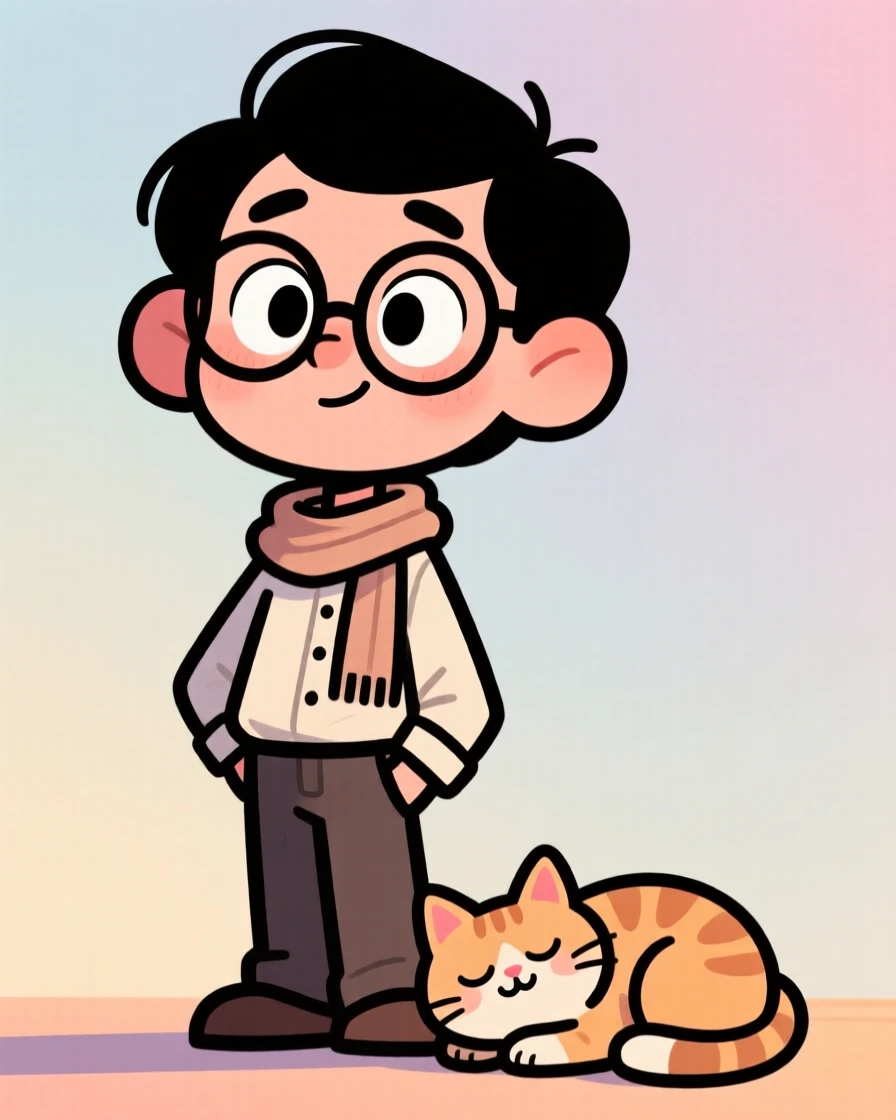 A charming portrait of a shy poet, tilting their head curiously with a wide-eyed expression, with a beloved pet curled at their feet.