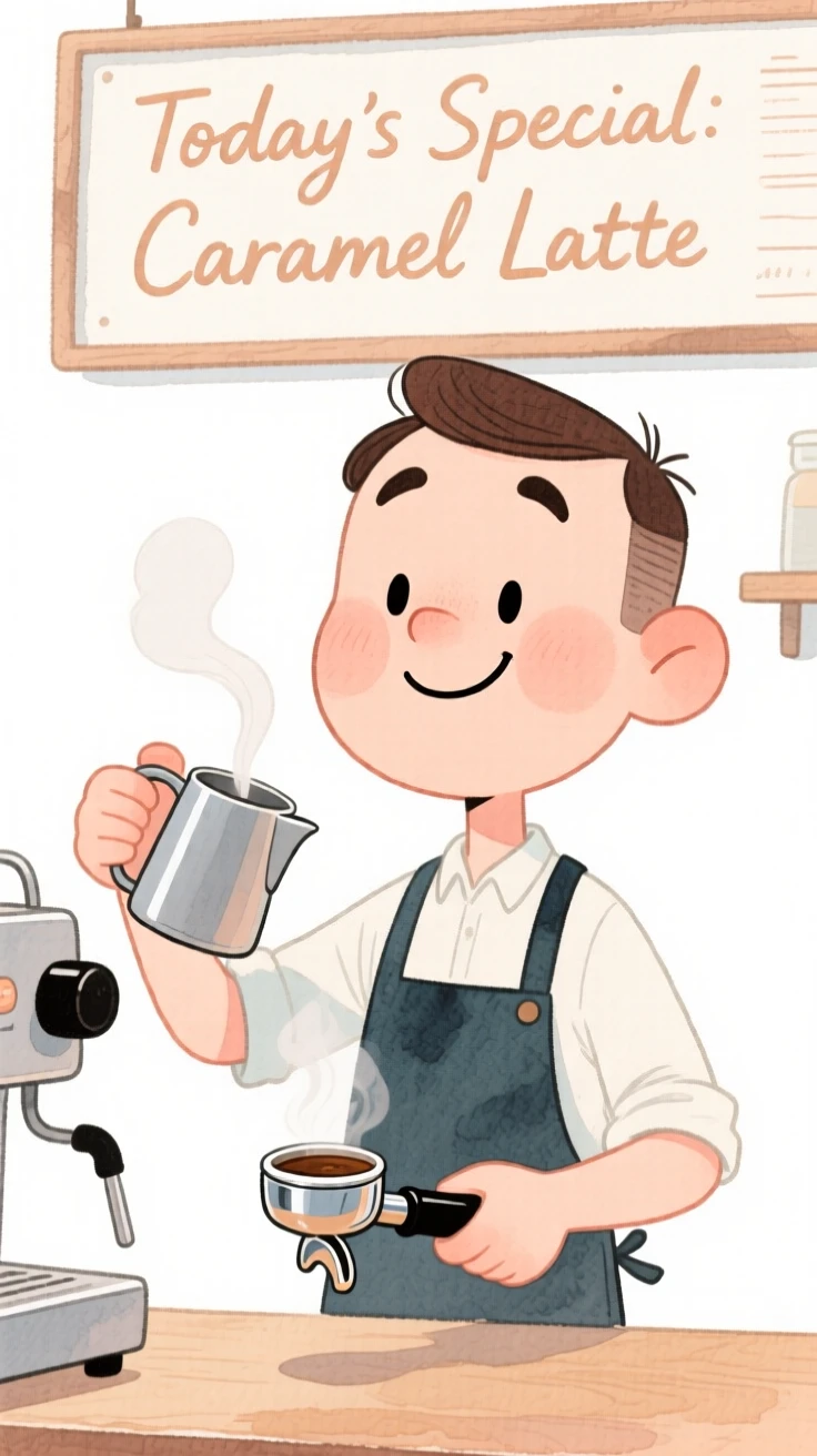 A barista confidently at work, tools of the trade in hand