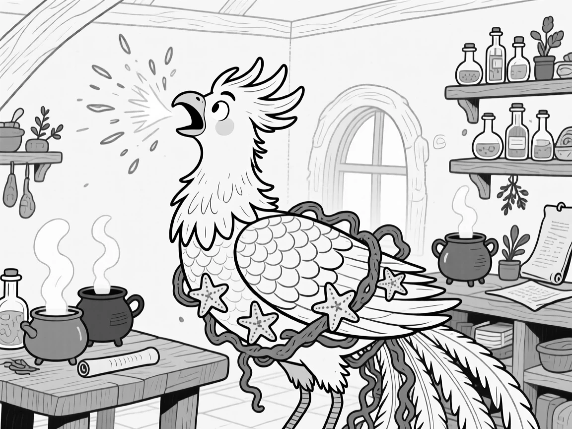 A phoenix mid-sneeze with sparks flying everywhere, getting hopelessly knotted in kelp and starfish, set in a cluttered cottage full of bubbling cauldrons. Scales shimmer faintly with every breathy snore. It's a whimsical moment that feels both magical and silly.