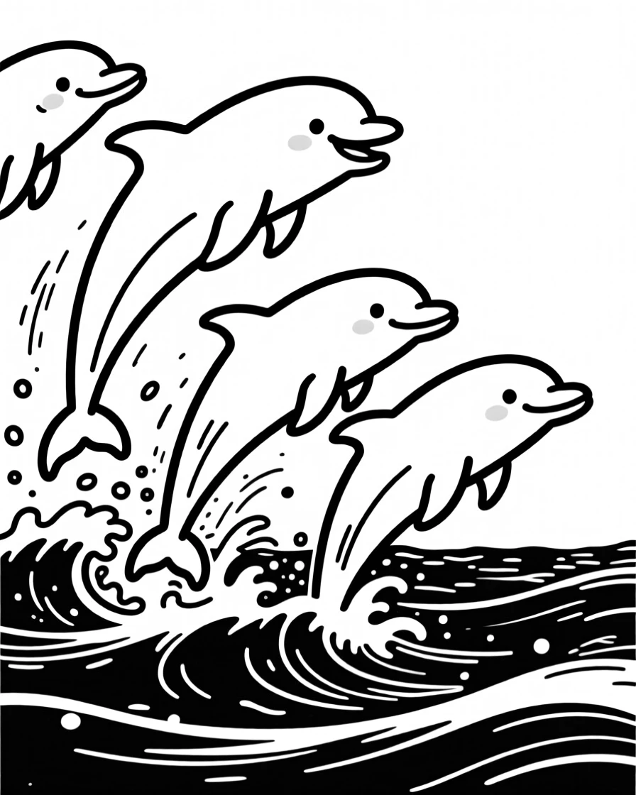 A pod of dolphins leaping gracefully out of sparkling ocean waves.