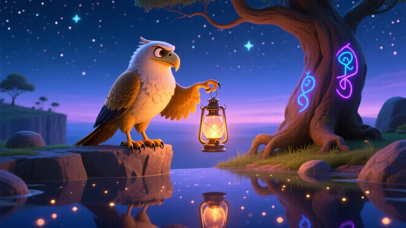 A griffin perched on a cliff stands beside an ancient tree with glowing runes carved into its bark, lighting a lantern that hovers in the air. A magical, wondrous stillness fills the scene, with stars reflected in a nearby pool of water.