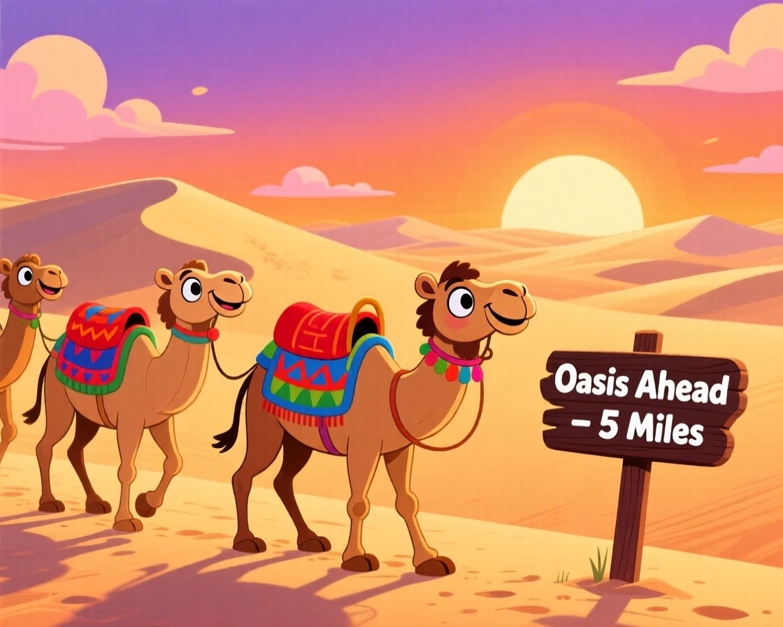 A camel caravan crossing golden sand dunes at sunset.