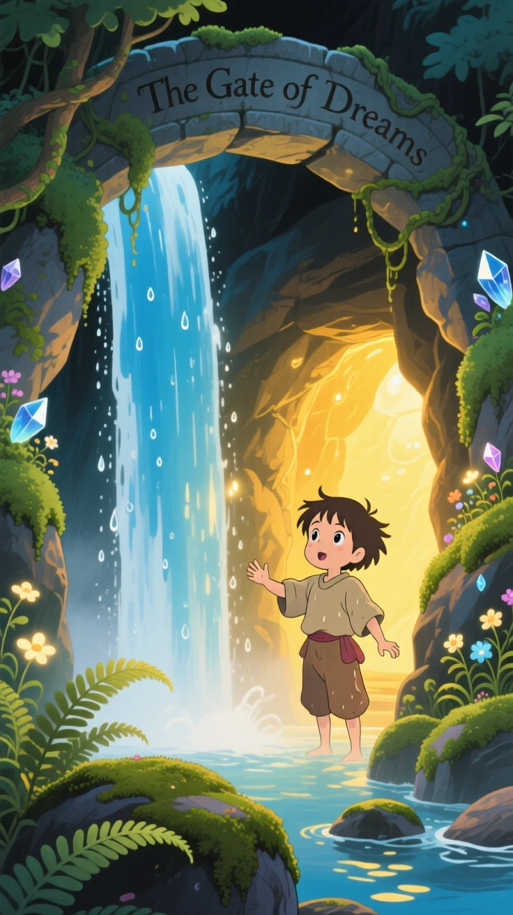 A child discovering a glowing cave hidden behind a waterfall, the moment adventurous and hopeful.