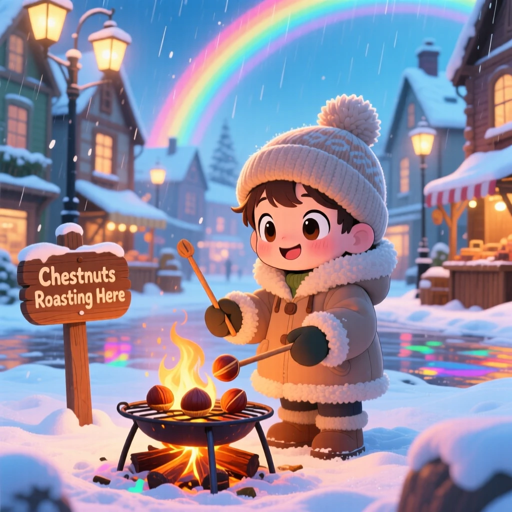 A small child roasting chestnuts over a winter fire in a snowy town square under a rainbow after the rain; bright rainbow-tinted light washes over the scene as triumphant pride fills the moment. Three-quarter view.