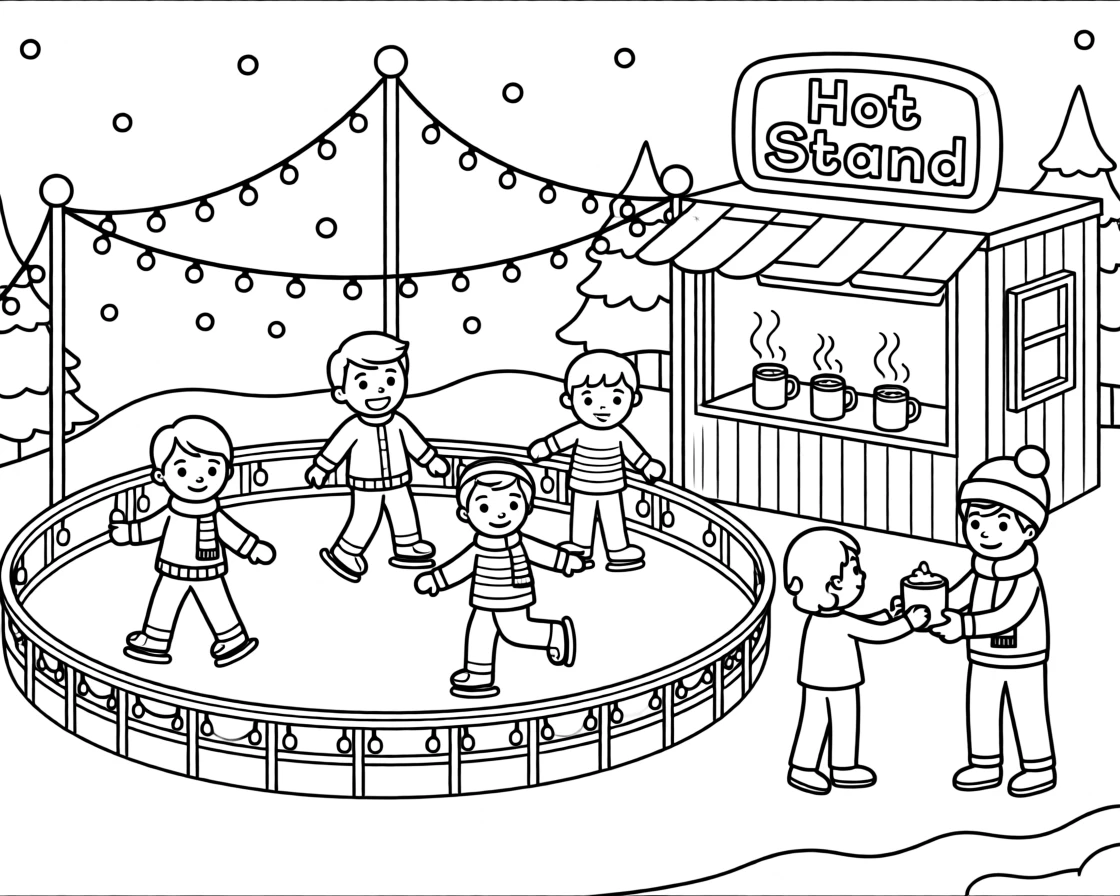A winter carnival with an ice skating rink and hot cocoa stand