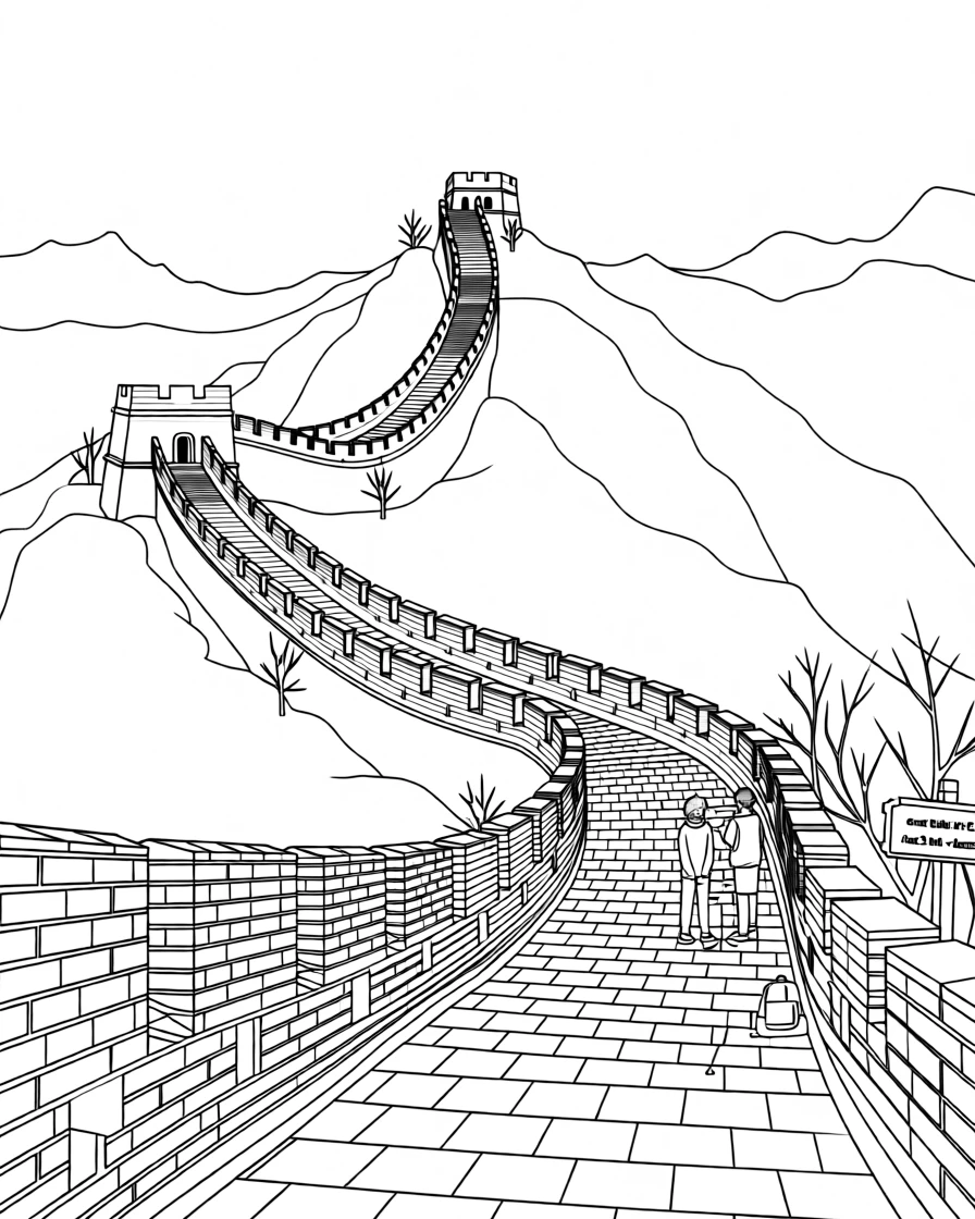 The Great Wall winding across misty mountain ridges, with cobblestone streets stretching into the distance.