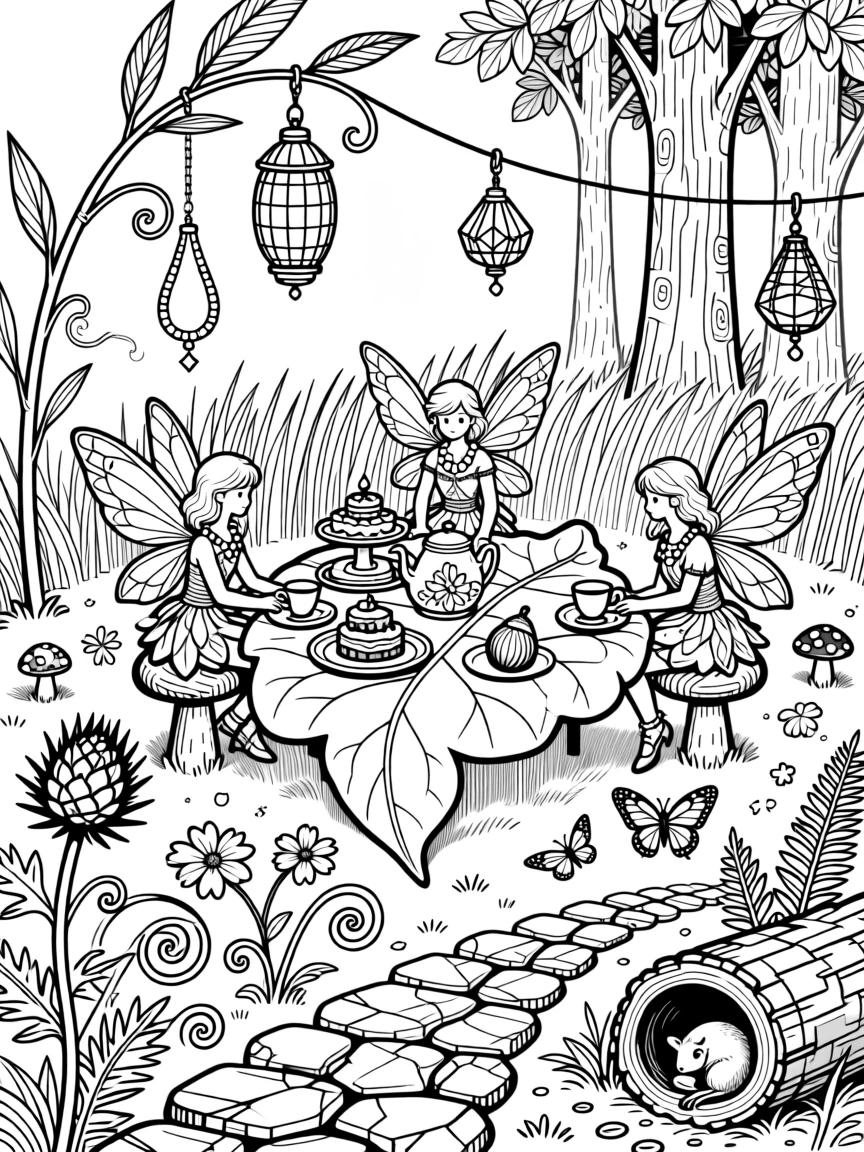A fairy garden party with lanterns strung between flower stems.