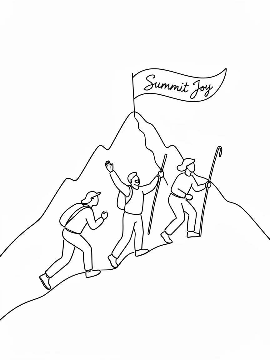 A group of friends hiking together and celebrating at a mountain summit