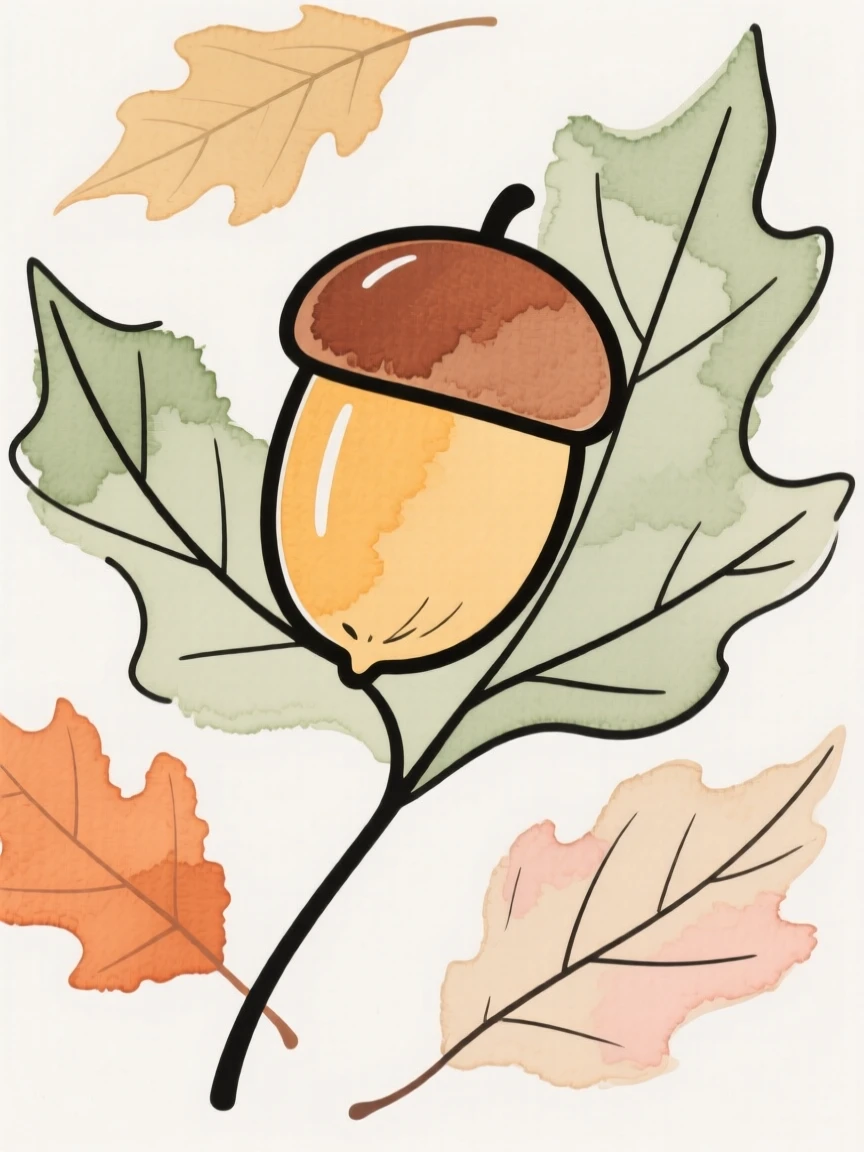 An acorn nestled in fallen leaves