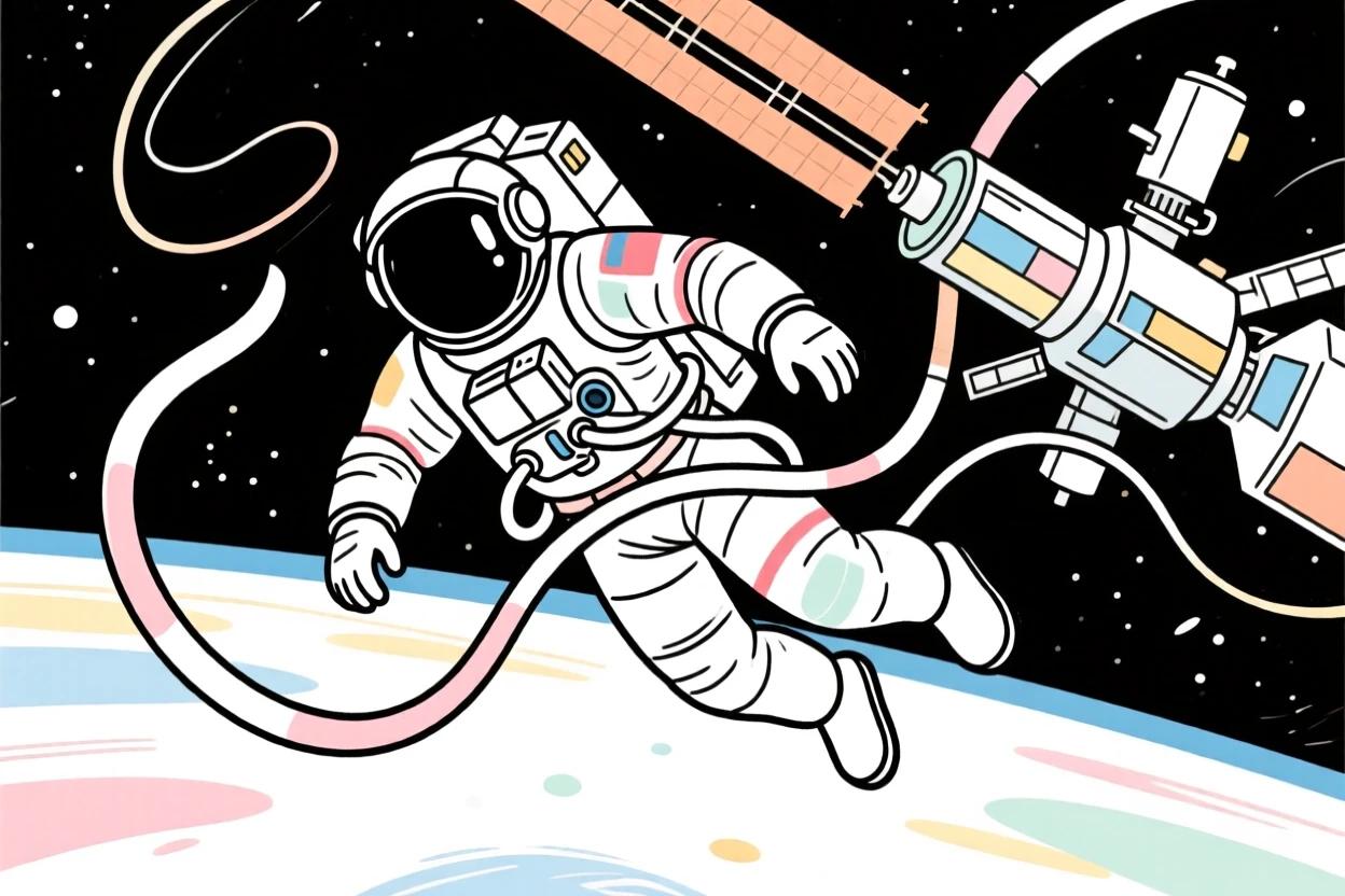 An astronaut floating outside the International Space Station during a spacewalk.