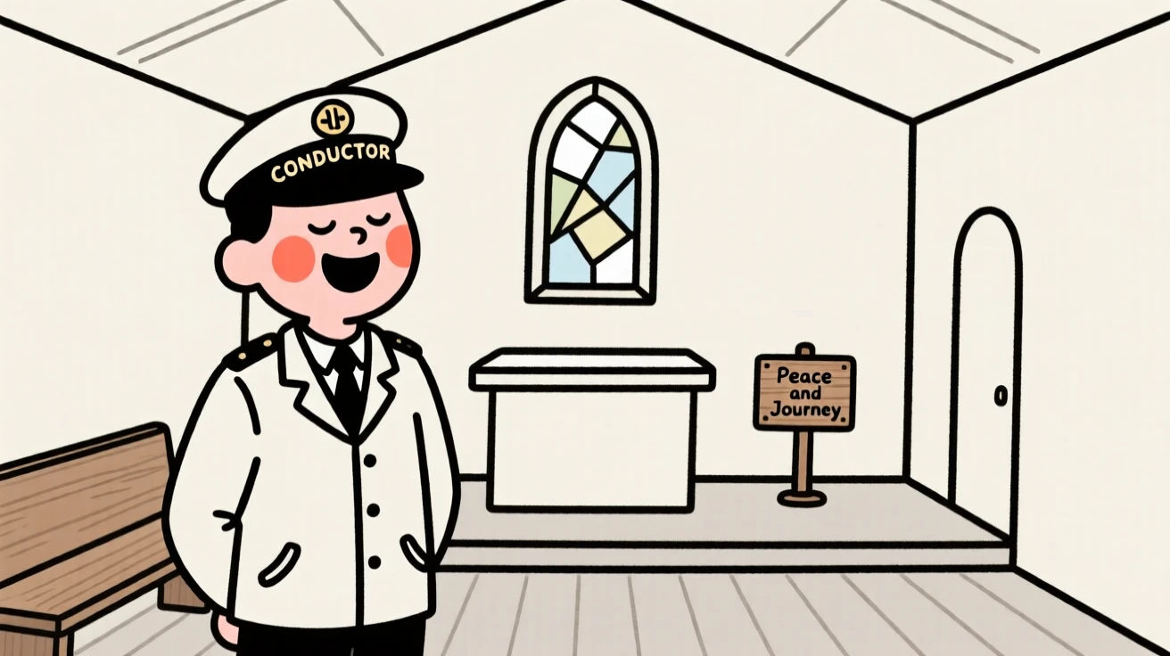 A train conductor at a rural station, laughing joyfully, in a quiet chapel.