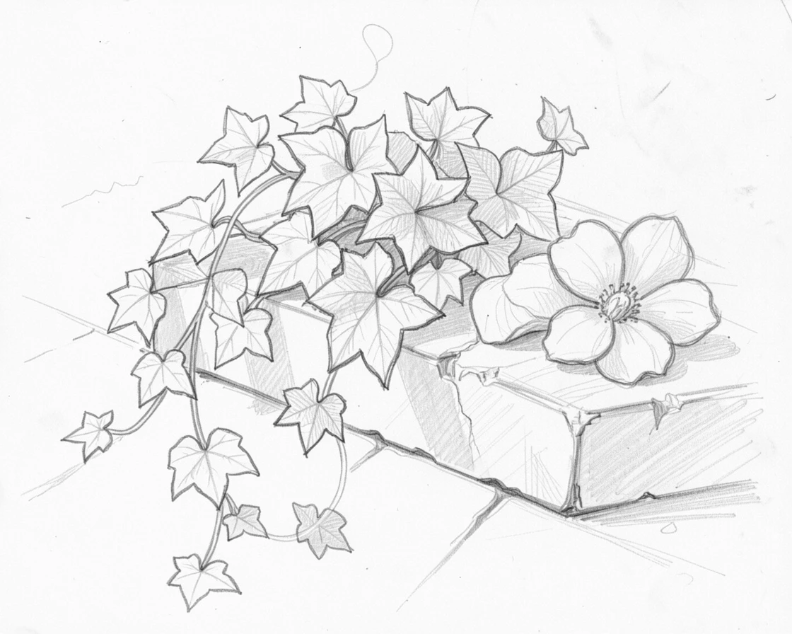 An elegant arrangement of a trailing ivy plant on an old stone step, with soft petals catching the light.