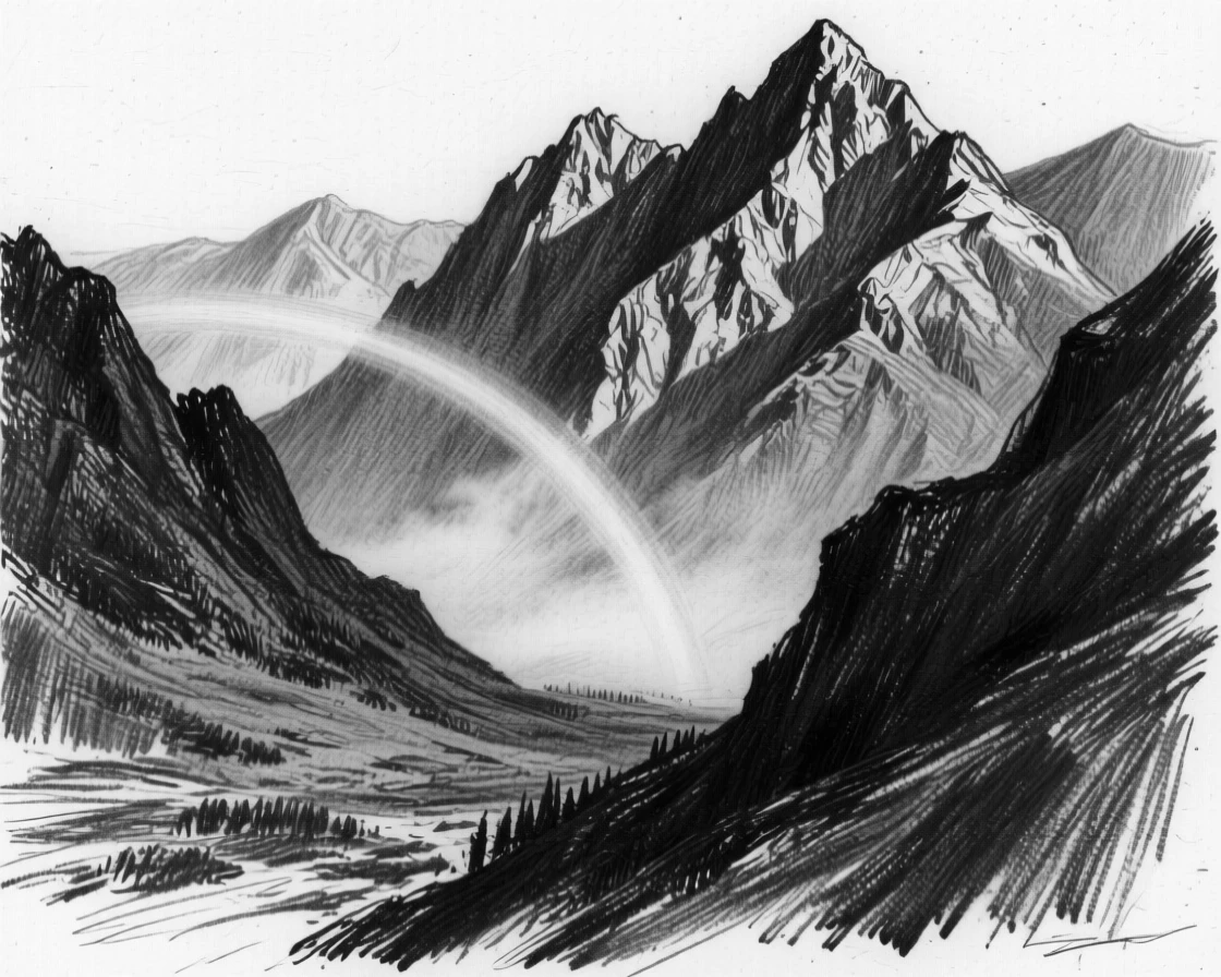 A dramatic mountain range with a rainbow stretching across the valley.