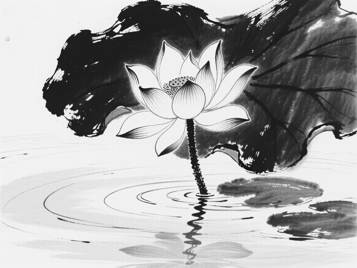 A single lotus flower blooming above still pond water.