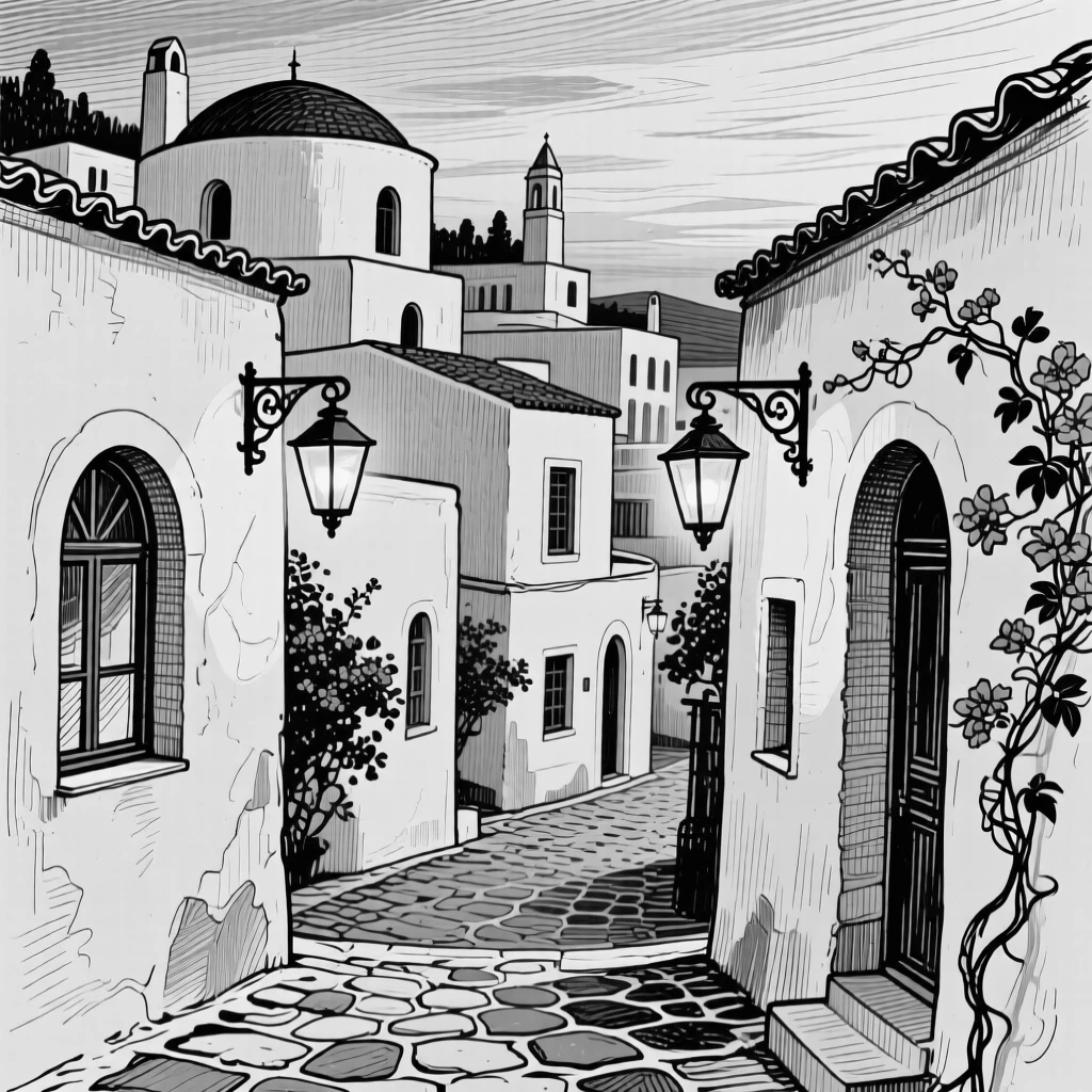 A greek village of whitewashed buildings with lanterns beginning to glow at dusk, featuring arched windows catching the light, rendered in an awe-inspiring architectural composition.