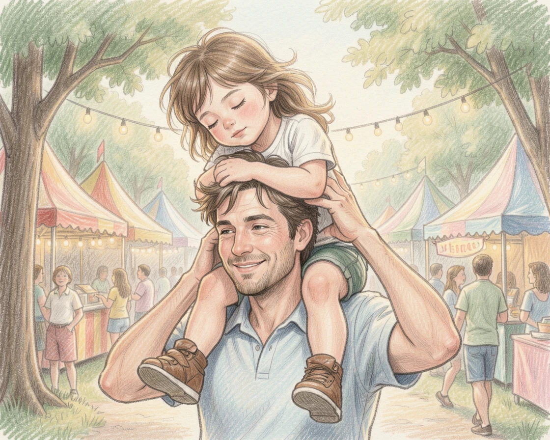 A father carrying his sleepy daughter on his shoulders at a summer fair, set in a soft, nostalgic, storybook-like atmosphere, designed to feel heartwarming and deeply relatable.