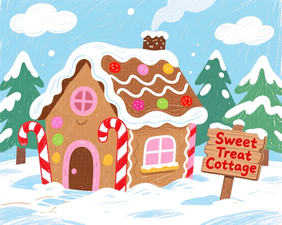 A whimsical gingerbread style house covered in fresh snow.