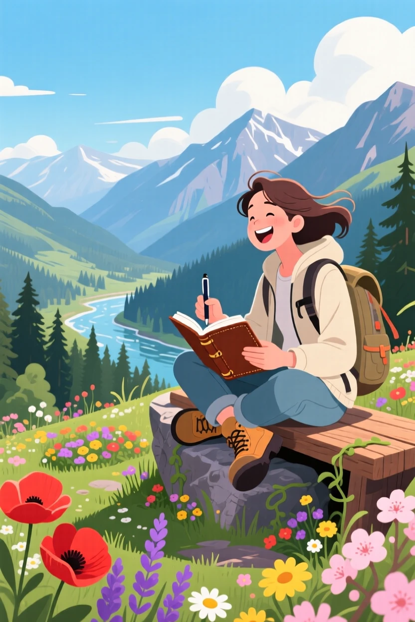 A traveler journaling while sitting at a scenic mountain overlook, in a peaceful garden filled with seasonal flowers, arranged with the subject slightly off-center for a natural feel, with small joyful details like flying hair or bright laughter.