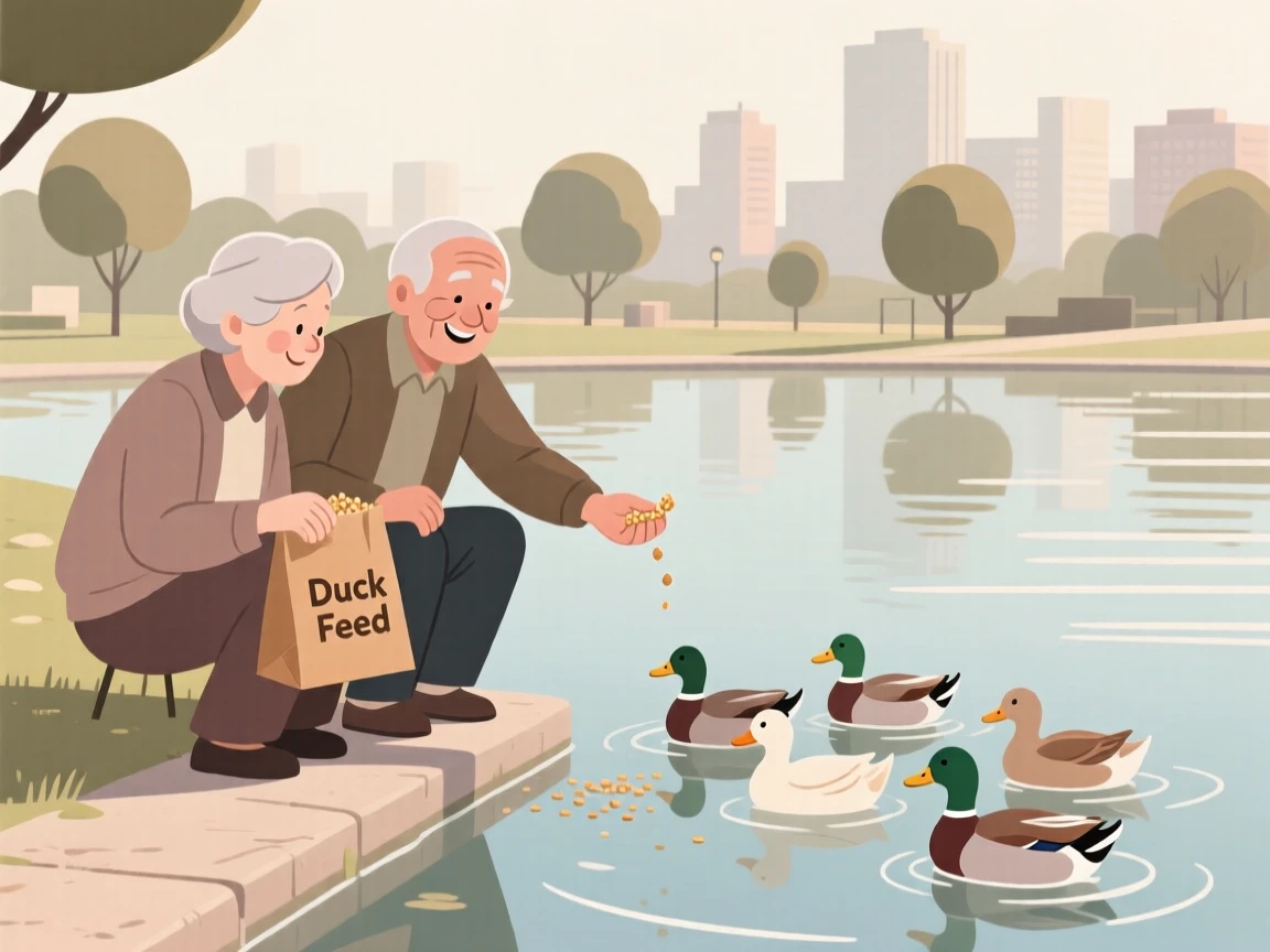An elderly friends feeding ducks at a pond on a quiet weekend afternoon in the city.