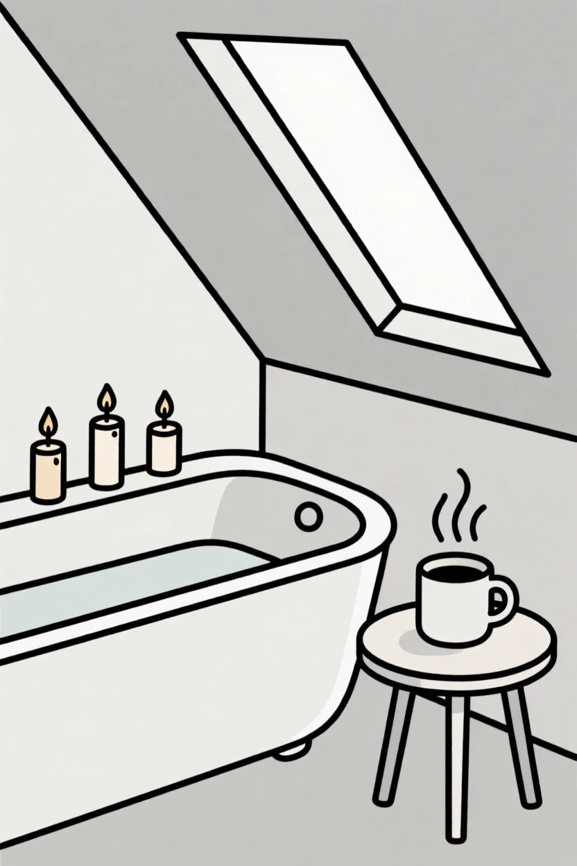 A morning scene of bathtub with candles resting in a cozy attic room beside a steaming mug of coffee, radiating restful ease.
