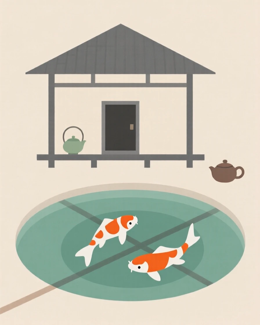 A traditional tea house beside a koi pond