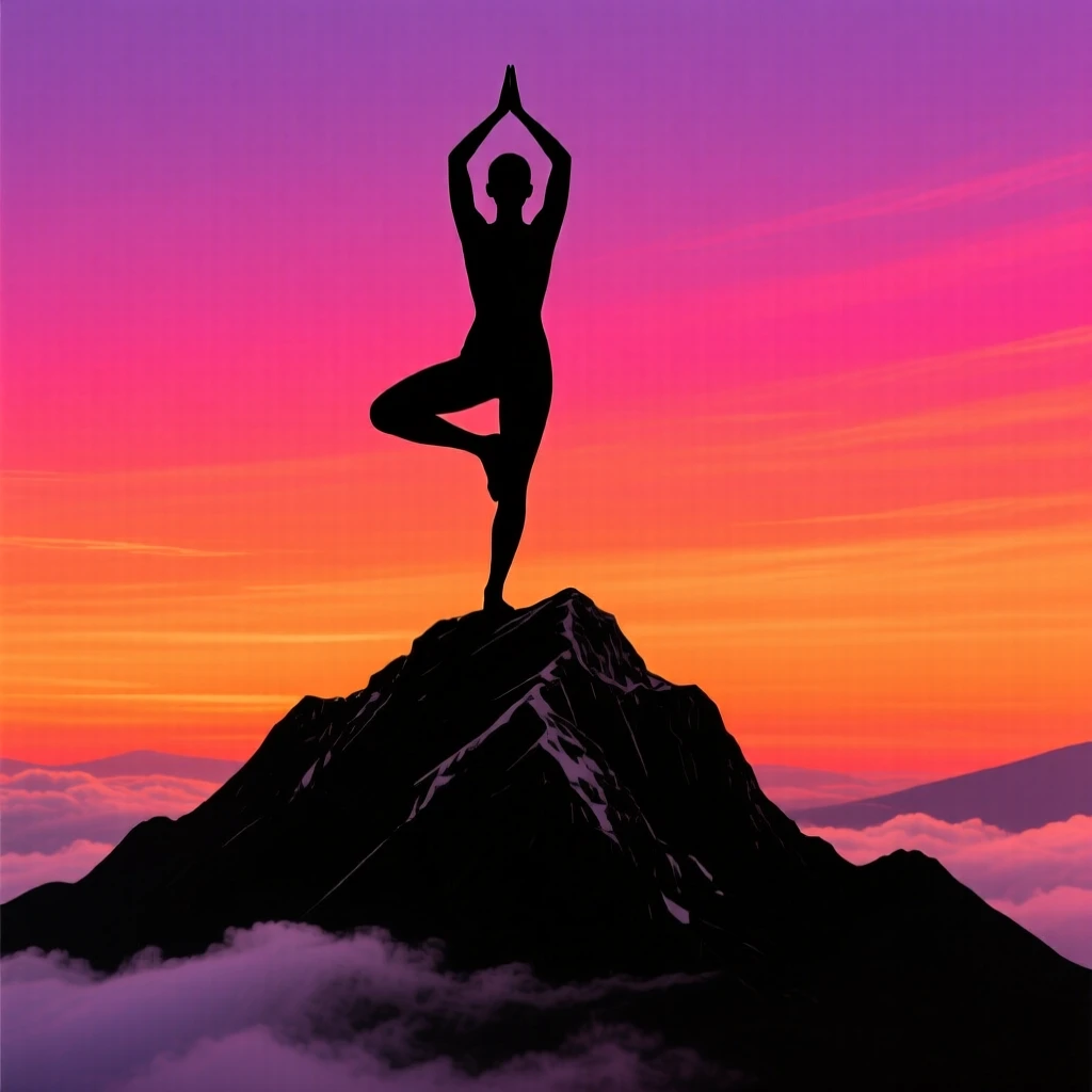 A figure holding a yoga pose on a mountain summit as clouds drift below.