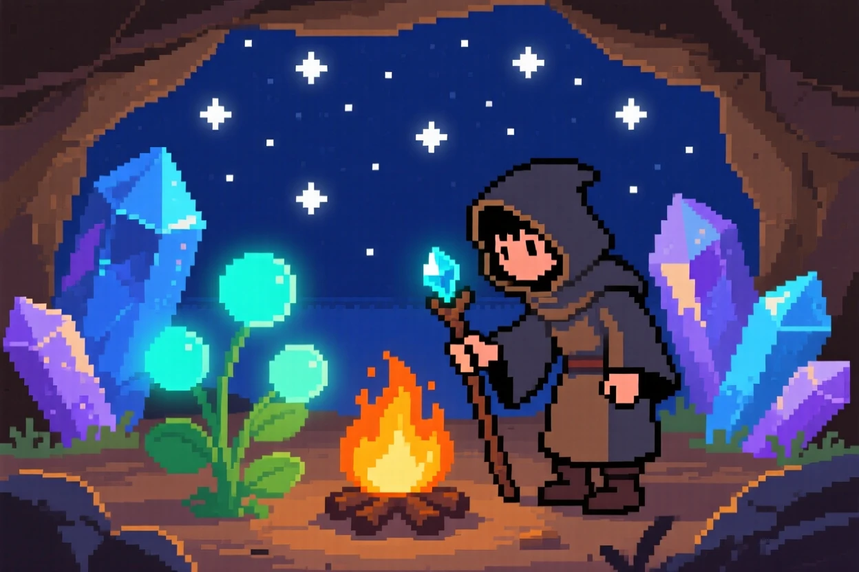 A young druid tending glowing plants resting beside a campfire under the stars, within a hidden cave full of crystals.