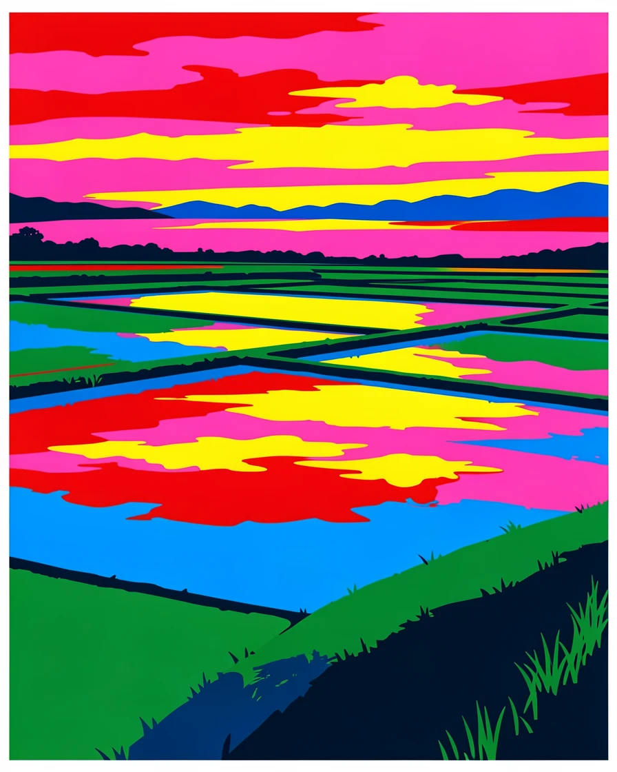 Rice paddy fields reflecting the morning sky
