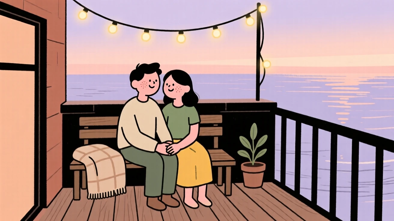 A couple shares a quiet moment on a rooftop terrace at dawn, holding hands in comfortable silence as the last light fades over the water surrounds them.