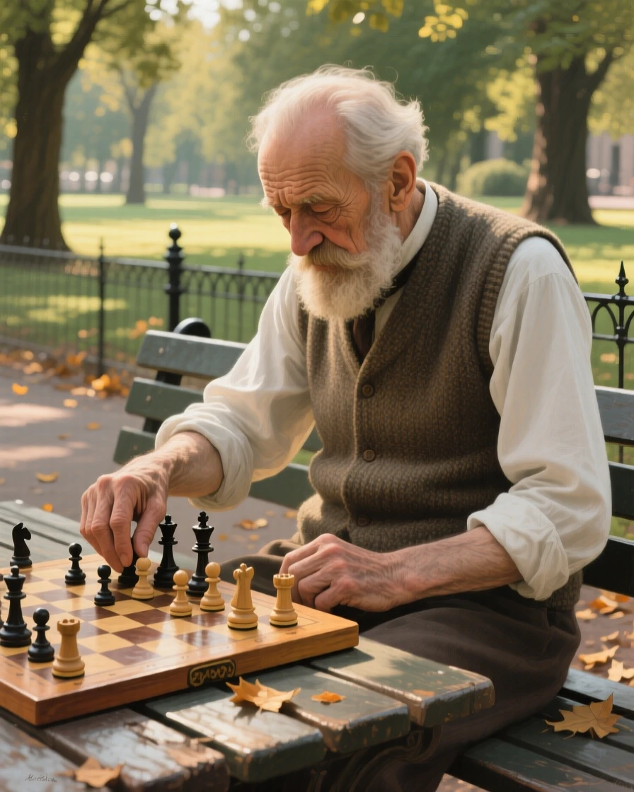 An intimate close-up of an old man playing chess alone in a quiet park, in bright warm sunshine, in the early 1900s.